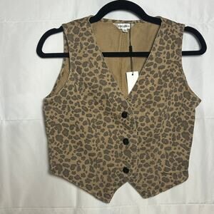 NWT Vigoss Leopard Animal Print Cropped Vest Waistcoat Tan Brown Denim Boho S